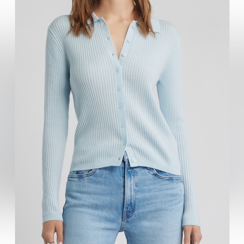 Open Edit Collared Merino Wool Cardigan Blue Delicate